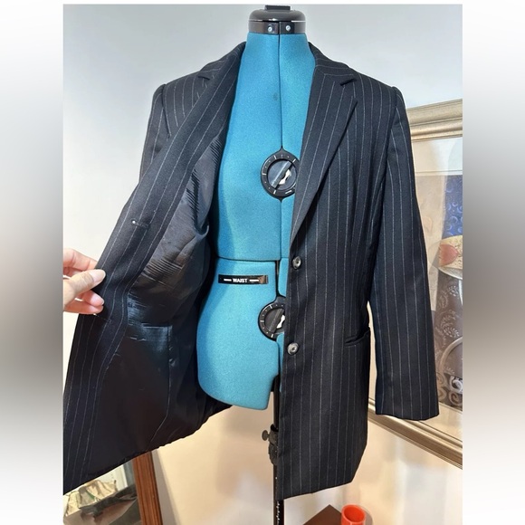 Wool Mark Sag Harbor Black Wool Pinstripe Lined Belted Blazer Jacket Size 8 - Picture 5 of 14